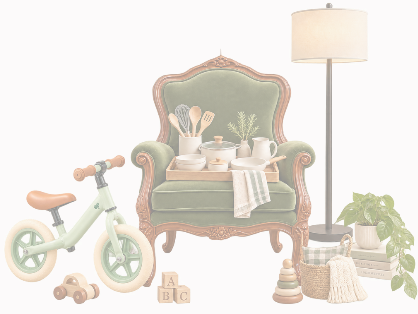 Product range including armchair, kitchenware, balance bike, and home goods