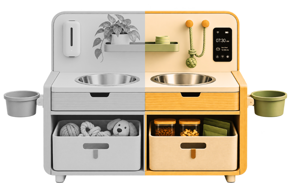 Pet feeding station shown in standard and differentiated private-label versions
